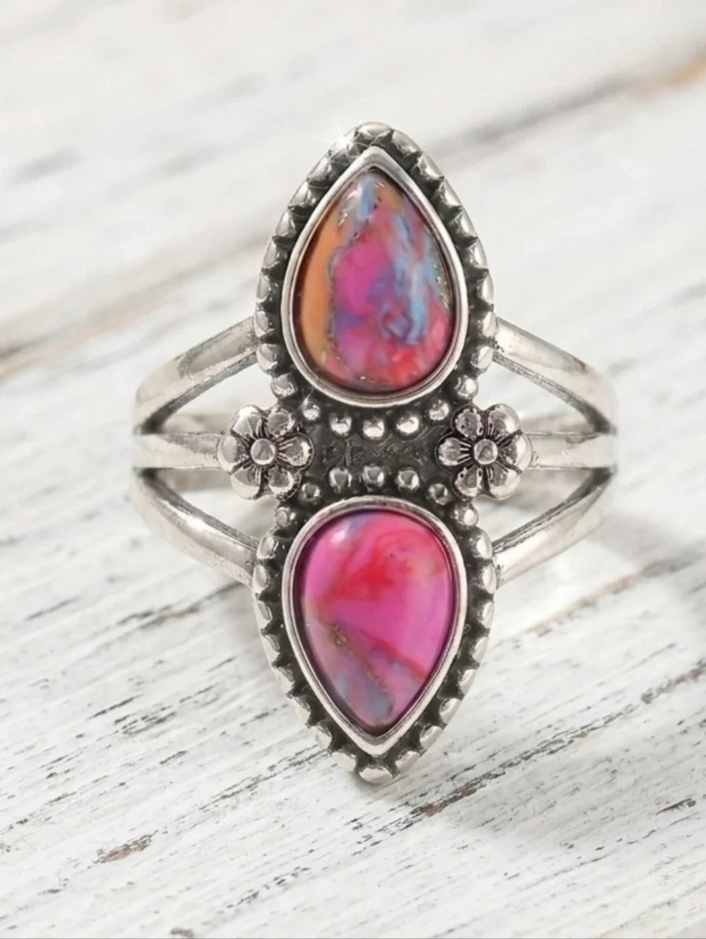 🩷 Boho Pink Spiny Oyster Turquoise Statement Ring Silver Plated Size 7